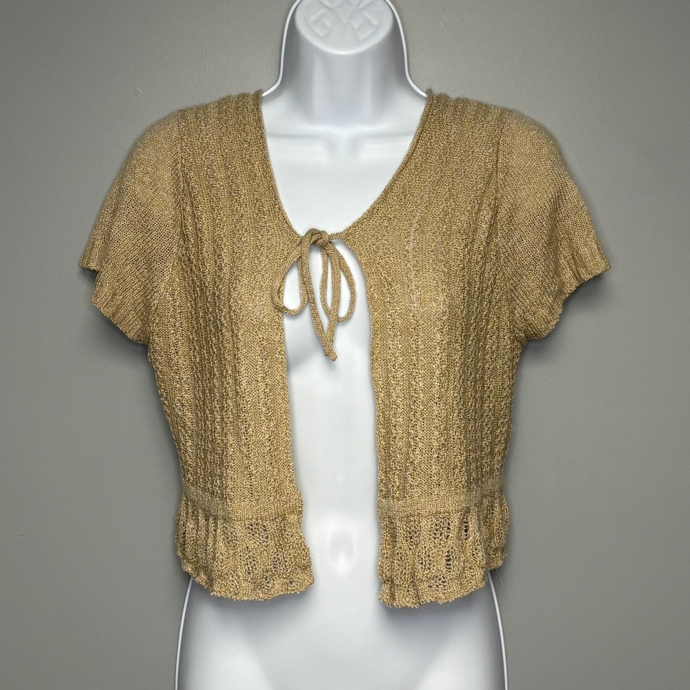 VTG Say What? Y2K Preppy Feminine Ruffle Going Out Cap Sleeve Tie Cardigan Sx XL